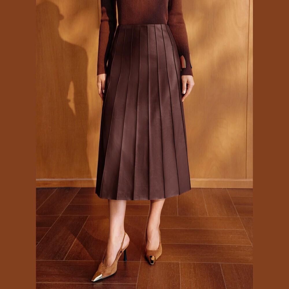 Brown Faux Leather Pintuck Pleated A-Line Midi Skirt